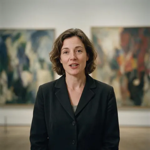 Museum guide speaking to camera in a gallery