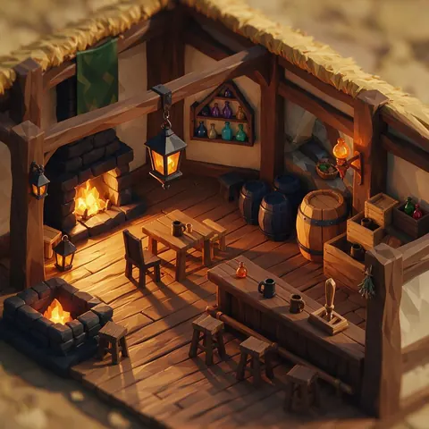 Stylised 3D props filling a fantasy tavern game scene