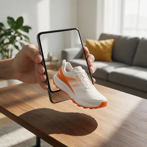 Phone showing a 3D sneaker placed on a table in augmented reality