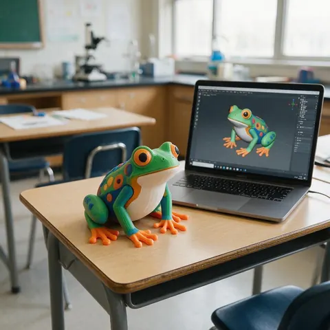 3D printed frog model beside a laptop showing the same 3D model