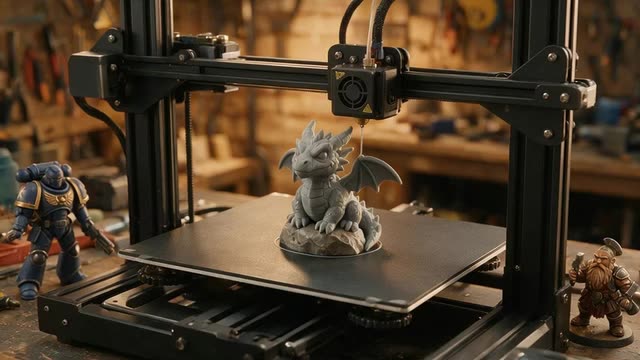 Slow push-in on a 3D printer printing a dragon figurine beside finished figures