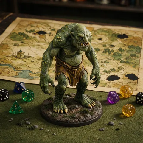 Painted troll miniature on a battle map with dice