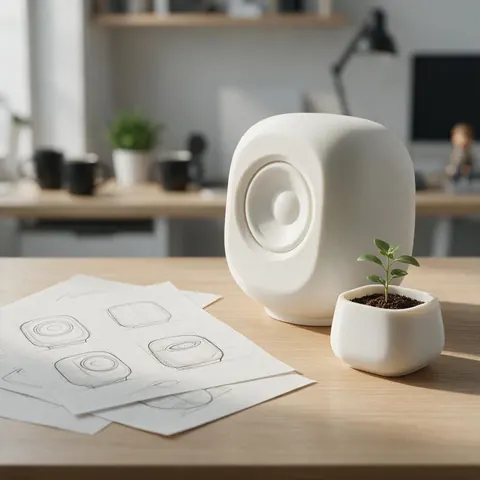 White 3D printed product prototypes on a design studio table