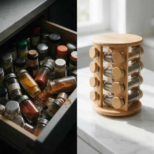 Spice rack problem-solution ad: AI-generated ad image: a cluttered spice drawer beside a tidy rotating spice rack