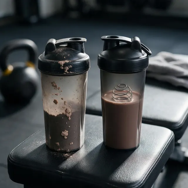 Protein shaker comparison ad: AI-generated comparison ad: a sleek shaker bottle next to an old clumpy plastic one