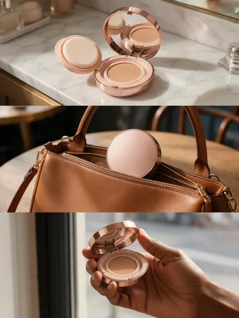 Cushion compact social proof ad: AI-generated social proof ad: one cushion compact shown in three everyday settings