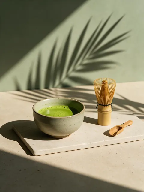 Matcha set editorial still: AI-generated editorial still: a matcha bowl and bamboo whisk under hard afternoon sun