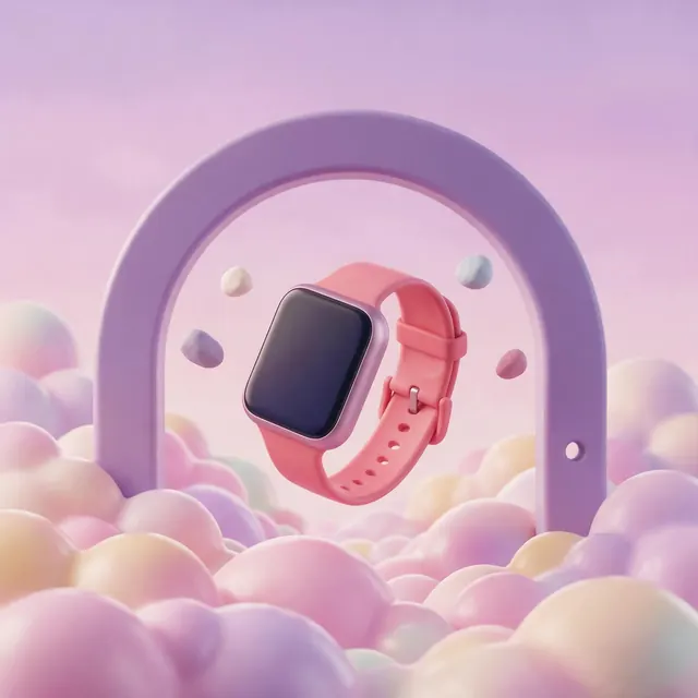 Smartwatch 3D surreal listing: AI-generated marketplace image: a smartwatch floating among sculpted pastel clouds