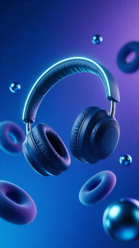 Headphones hypermotion ad: AI-generated motion ad: navy over-ear headphones spin through a burst of soft foam shapes