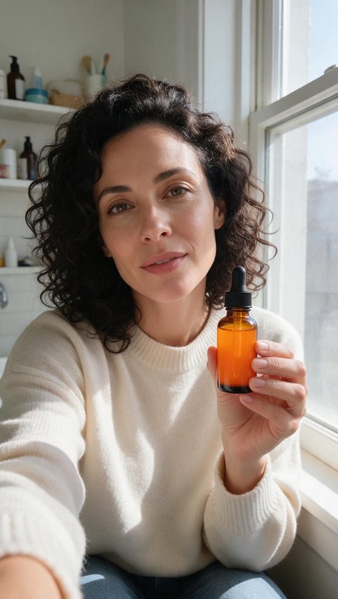 Vitamin C serum review clip: AI-generated UGC review: a fictional creator shows a vitamin C serum to her phone camera