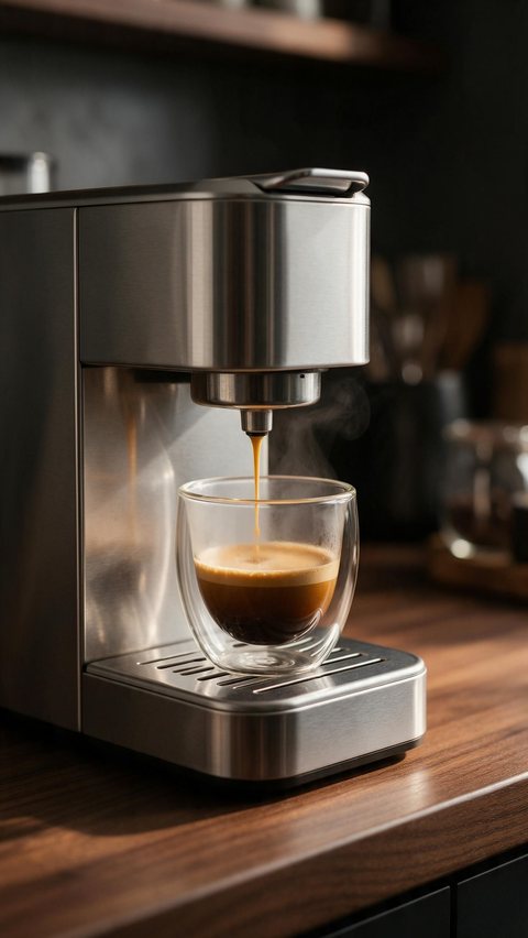 Espresso machine ASMR ad: AI-generated ASMR ad: a compact espresso machine pours a slow golden shot into glass