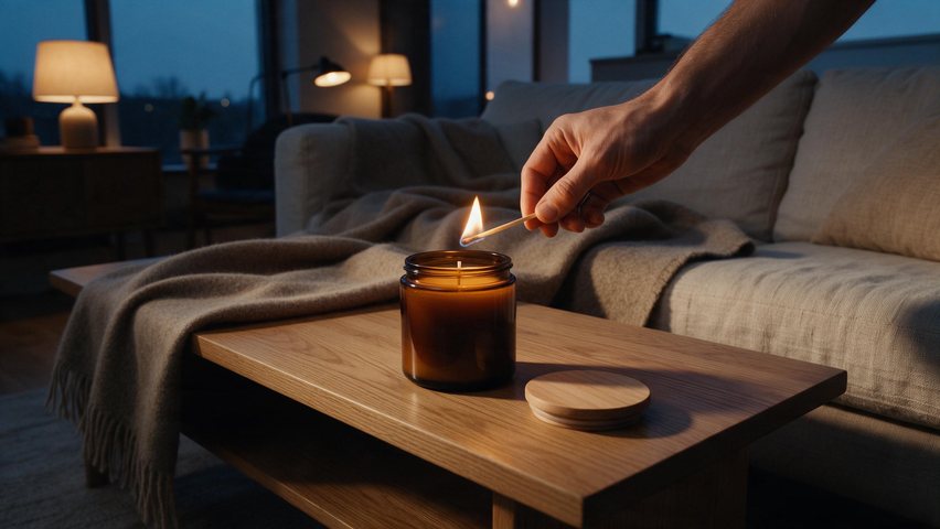Soy candle cinematic TVC: AI-generated cinematic ad: an amber jar candle is lit in a calm living room at dusk