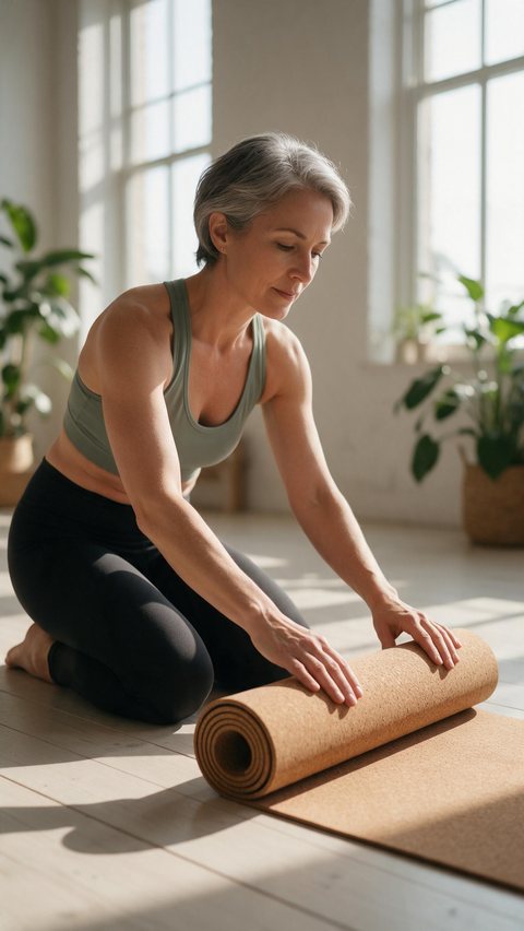 Cork yoga mat lifestyle ad: AI-generated lifestyle b-roll: a woman unrolls a cork yoga mat in a sunlit studio