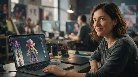 A game artist with a 3D character model on her laptop