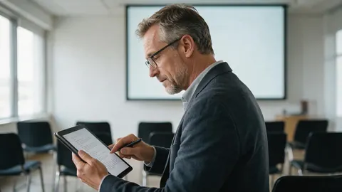 A trainer reviewing a script on a tablet in a training room
