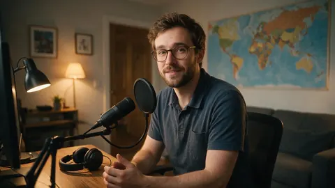 A language teacher at a home desk with a world map behind him