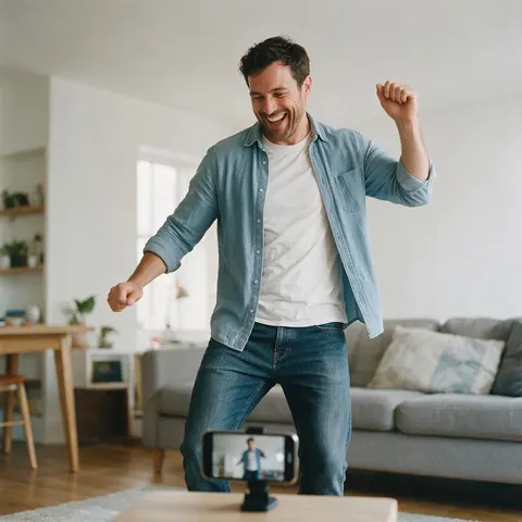 Father dancing playfully in a living room while filming on a phone