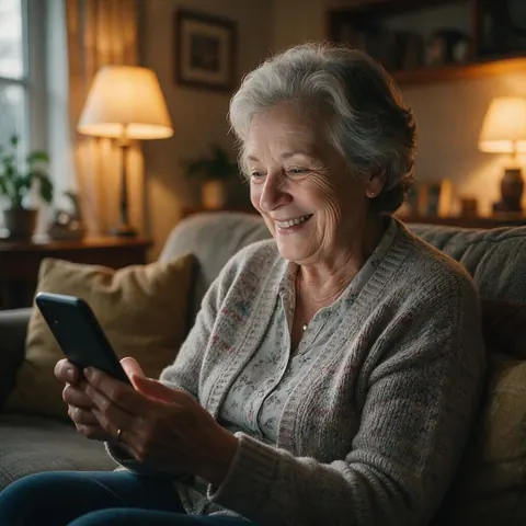 Grandmother smiling at a phone screen on a sofa