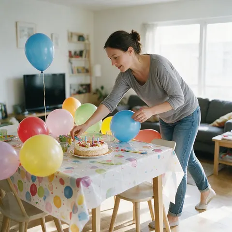 Mother setting up a birthday table with balloons and a cake