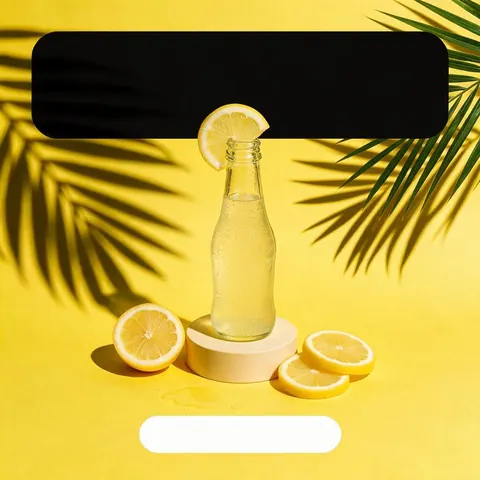 Square banner layout with a lemonade bottle on sunny yellow