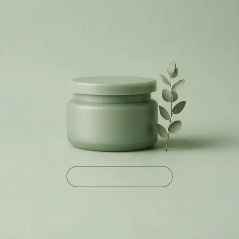 Minimal banner layout with a sage skincare jar and eucalyptus