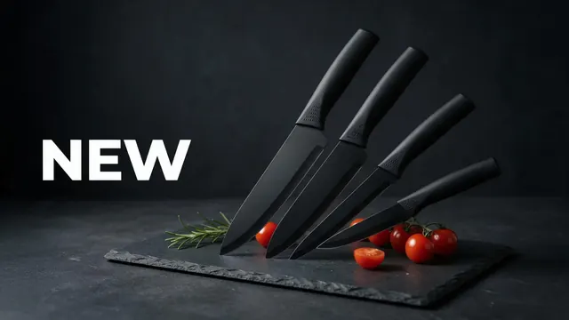 New knife set banner: AI-generated wide banner of a matte black kitchen knife set with a 'NEW' headline