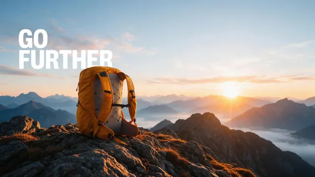 Trail backpack scene banner: AI-generated wide scene banner of a hiking backpack on a mountain ridge