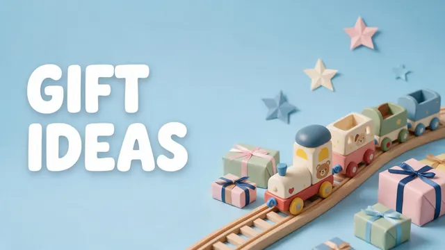 Wooden toy train banner: AI-generated wide gift banner of a wooden toy train set on pastel blue
