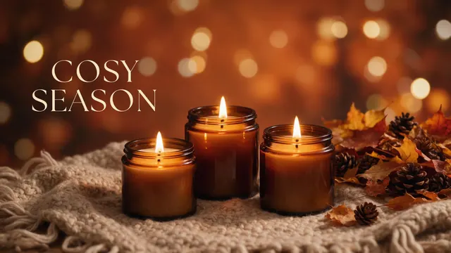 Candle trio seasonal banner: AI-generated wide seasonal banner of three amber glass candles