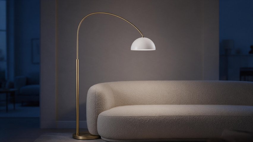 Floor lamp switch-on banner: AI-generated wide banner clip of a brass arc floor lamp lighting up a room