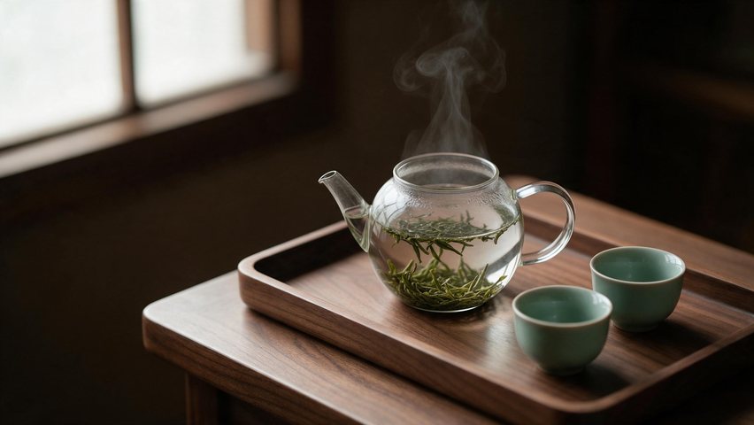 Glass teapot steeping banner: AI-generated wide banner clip of loose-leaf tea unfurling in a glass teapot