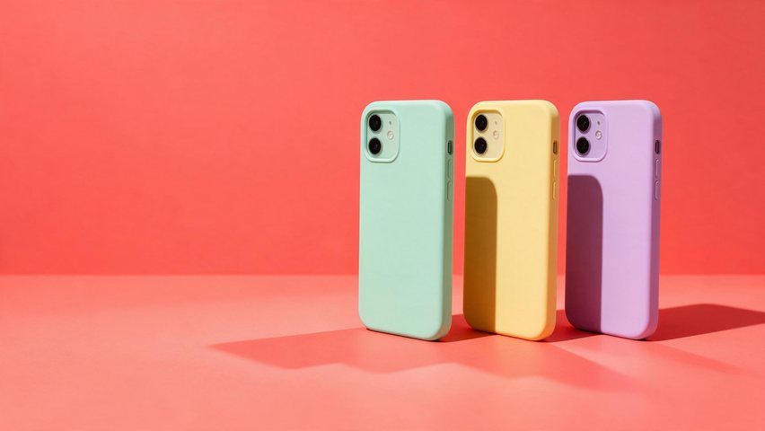 Phone cases colour banner: AI-generated wide banner clip of three silicone phone cases on a coral set