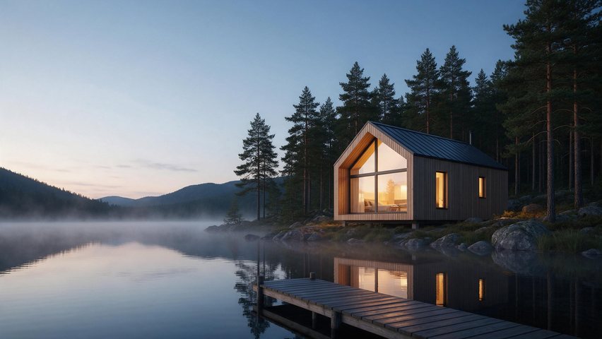 Lakeside cabin location banner: AI-generated wide location-promo clip of a timber cabin by a lake at dusk