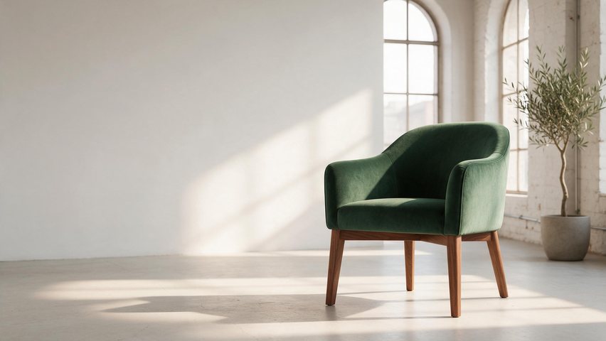 Velvet armchair light sweep: AI-generated wide banner clip of a green velvet armchair in a sunny loft