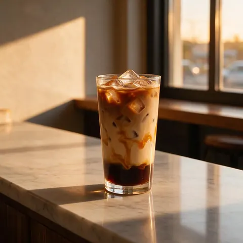 Iced latte on a marble café counter at golden hour with space for a headline