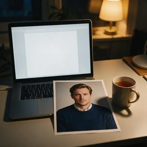 Laptop and a printed character portrait on a writer's desk