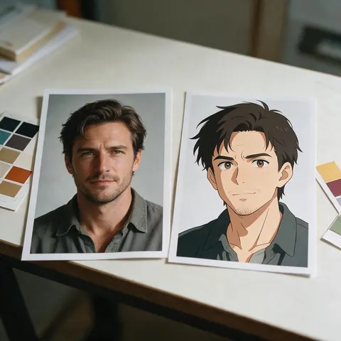 Two portraits of one character in photo and anime styles