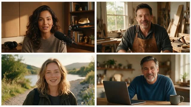 Looping clip of four people talking to camera in four settings