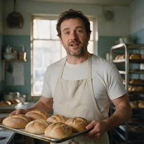 Baker holding fresh bread and talking to camera