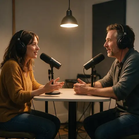 Two podcast hosts talking into microphones