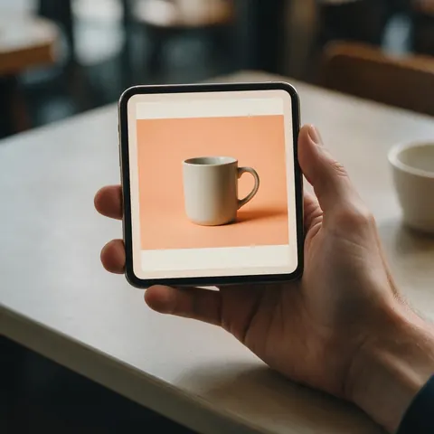 Phone showing a carousel card with a ceramic mug