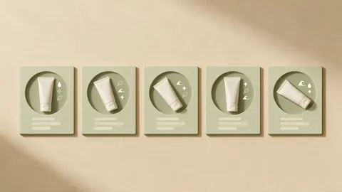 Five matching carousel cards with the same skincare tube in a row