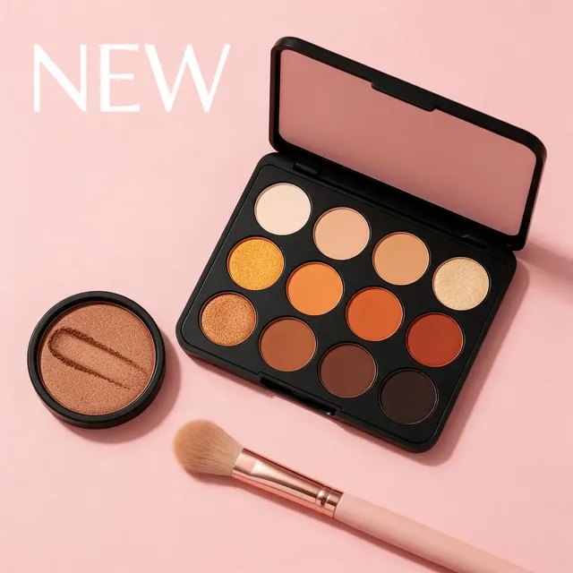 Eyeshadow palette hook card: AI-generated carousel card 1: an open eyeshadow palette with a short NEW hook
