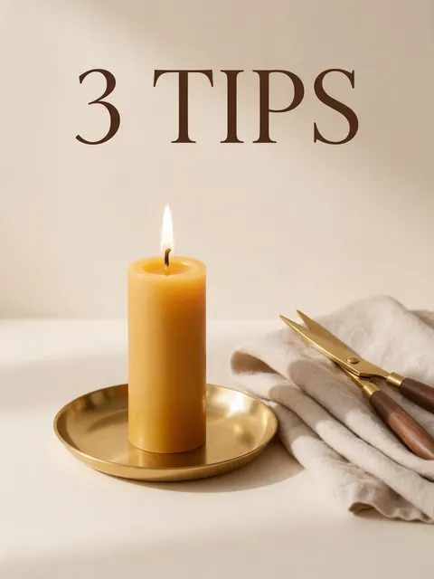 Candle care tips card: AI-generated carousel card: a beeswax pillar candle with a short 3 TIPS headline
