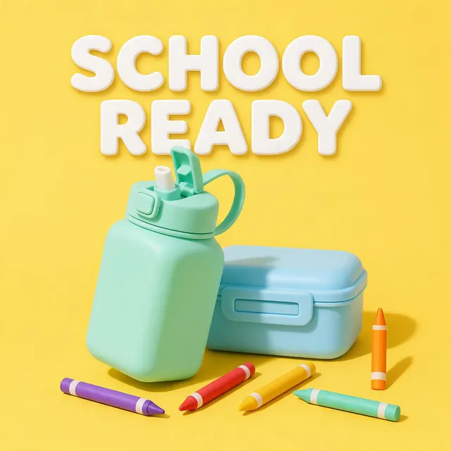 Kids water bottle benefit card: AI-generated carousel card: a kids' flip-straw bottle with a short SCHOOL READY line