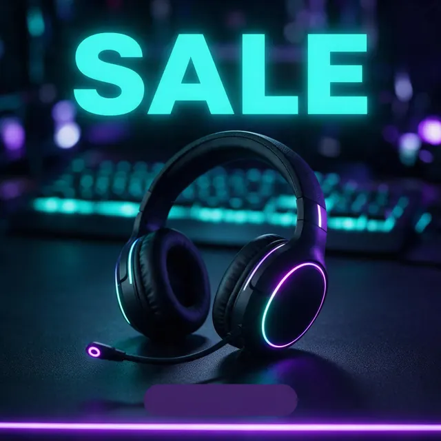 Gaming headset offer card: AI-generated carousel last card: a gaming headset under neon light with a SALE headline