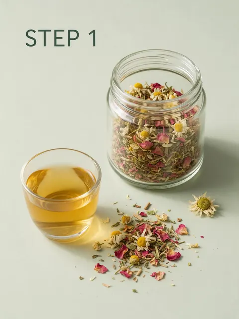 Herbal tea step card: AI-generated carousel card: a jar of herbal tea blend with a short STEP 1 headline