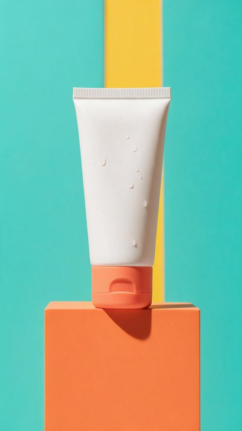 Sunscreen color pop motion: AI-generated colour pop clip: a mineral sunscreen tube bounces across bright colour blocks