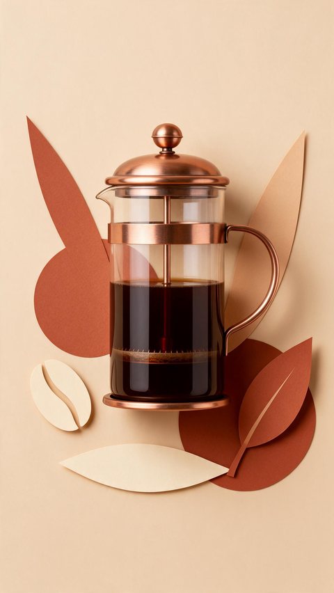 French press 2D motion: AI-generated 2D product motion: a French press plunges while flat shapes slide around it