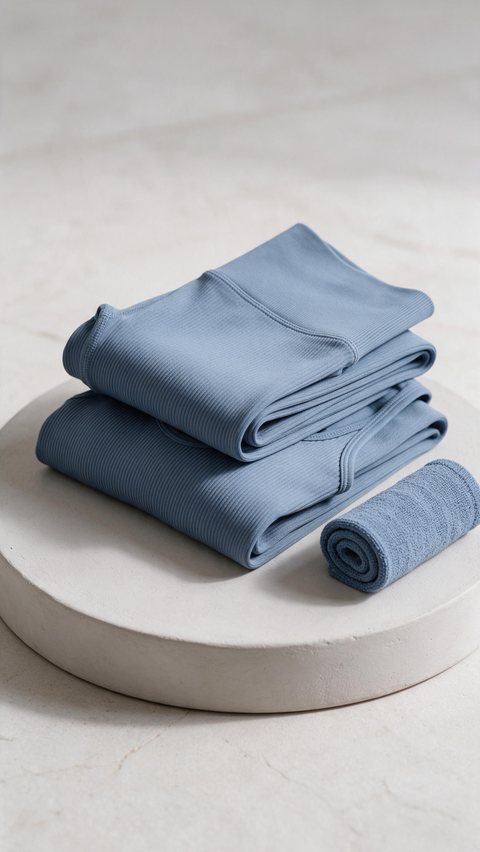 Leggings set product showcase: AI-generated product showcase: a folded seamless leggings set turns on a soft plinth